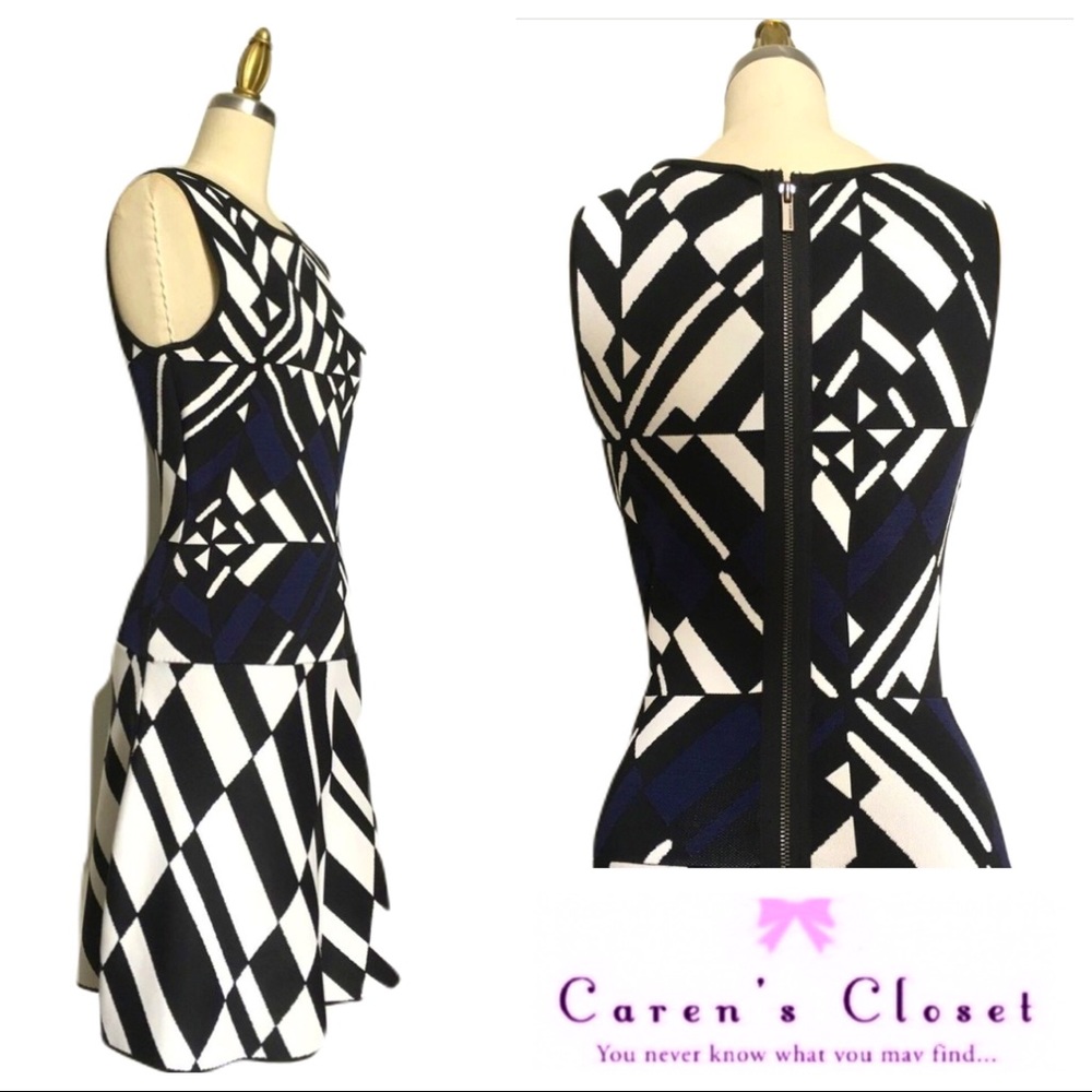 BCBGMaxAzria Blk Wht & Navy Fit & Flare Dress - Picture 1 of 7